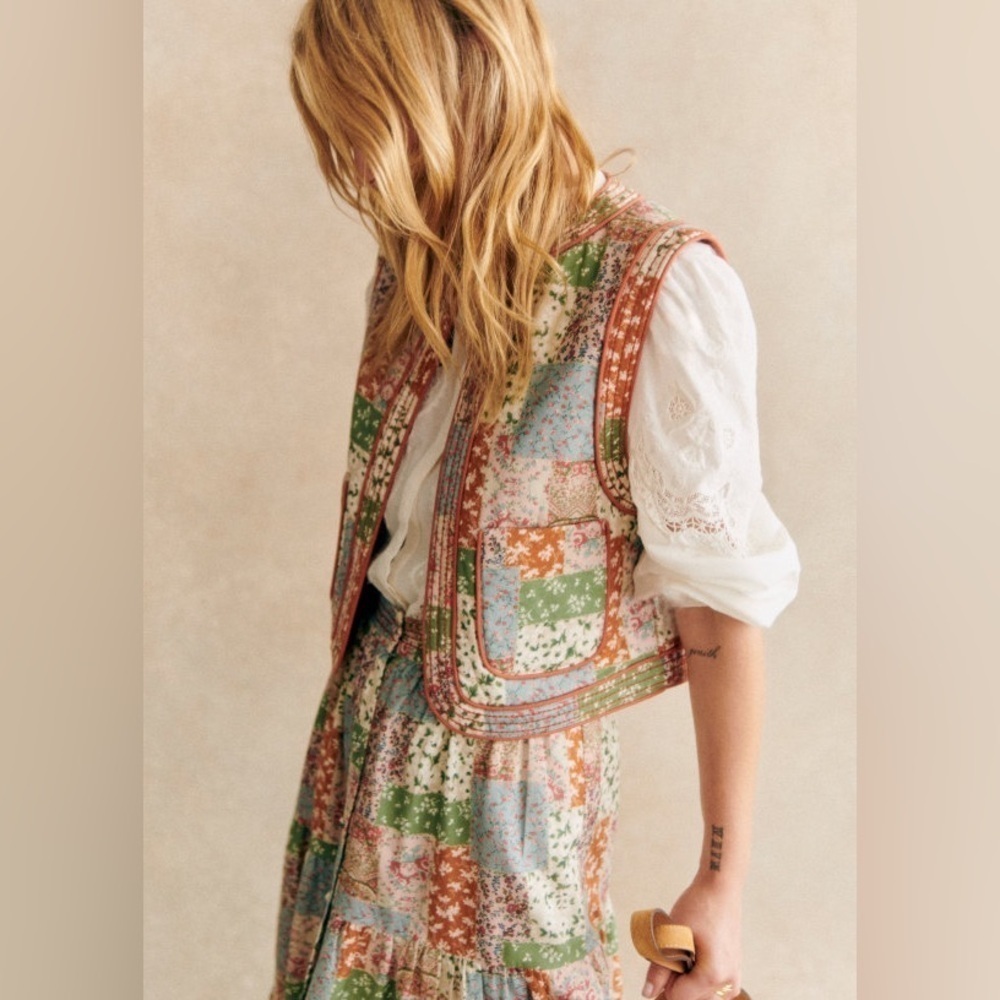 Sezane Multicolor Patchwork Quilted Vest - Green, Blue, Rust